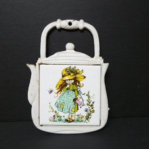 70s Holly Hobby Style tile trivet / teapot wall décor